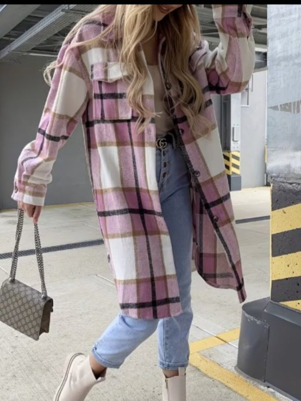 Plaid Shacket in Pink & White Like New, Size XL